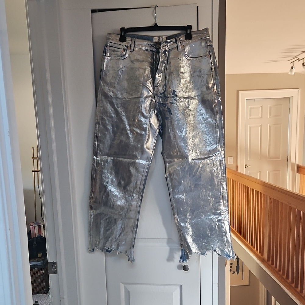Free People Shimmering Silver Jeans